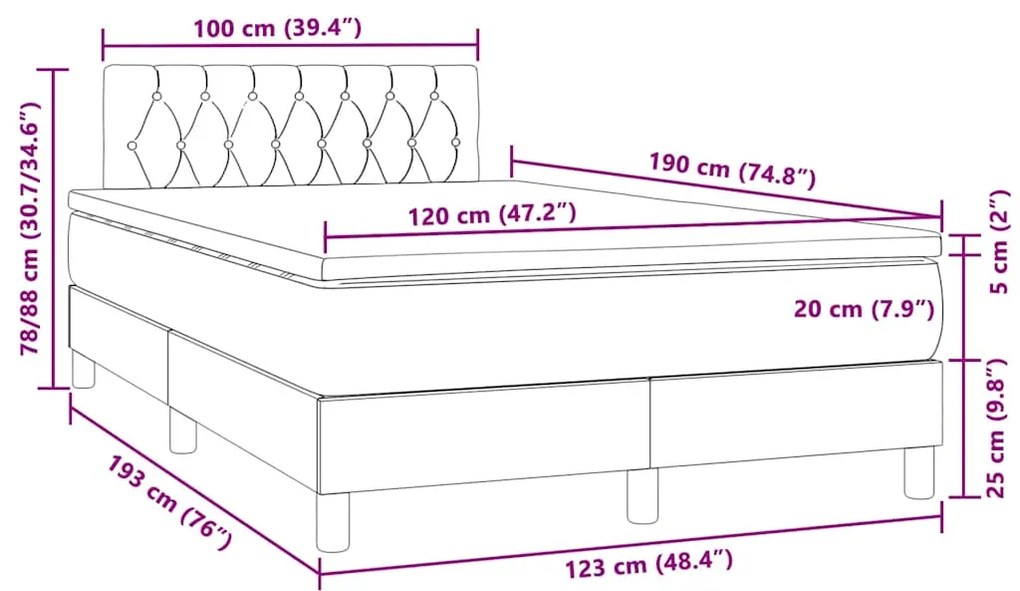 Cama box spring colchão LED 120x190cm couro artif. azul-escuro