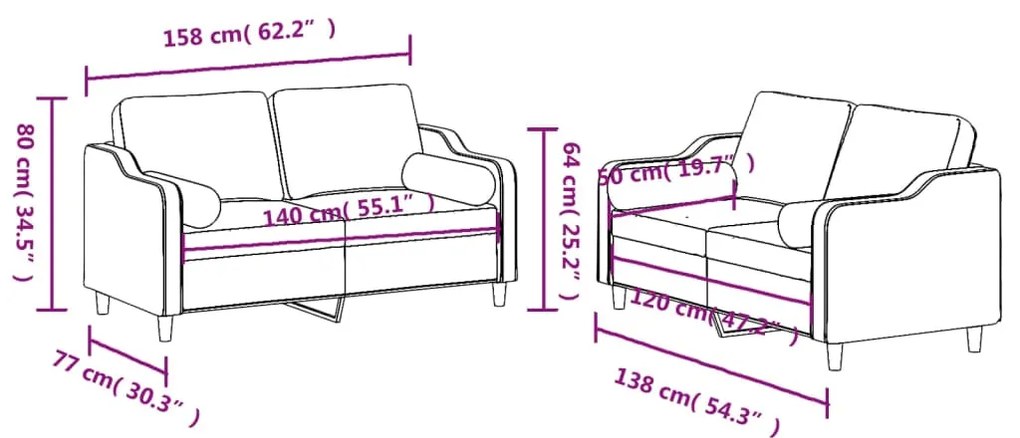 2 pcs conjunto de sofás com almofadas tecido castanho