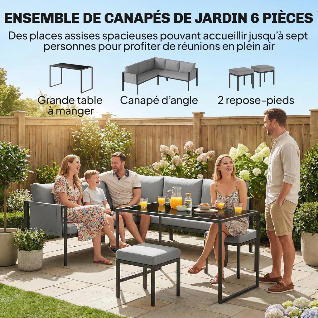Conjunto de jardim com sofá de canto para exterior, 6 peças, almofadas de 10 cm, mesa alta e 2 apoios para os pés, cinzento