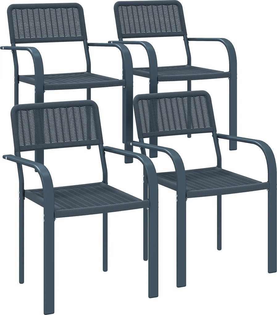 Outsunny Conjunto de 4 Cadeiras de Jardim Empilháveis com Apoios de Braços Encosto e Estrutura de Aço 55x60x83 cm Cinzento Escuro | Aosom Portugal
