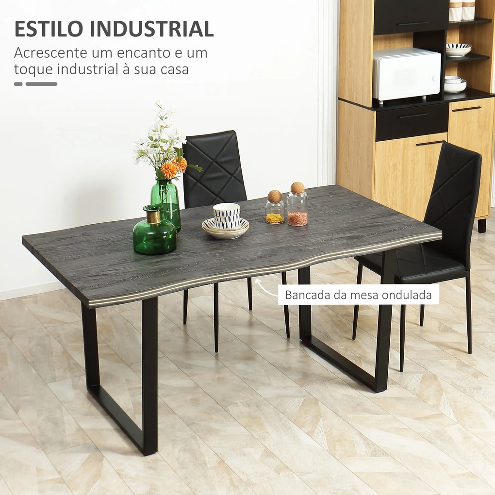Mesa de Jantar Mesa de Cozinha Estilo Industrial com Bancada de Madeira e Pés de Aço para até 6 Pessoas Carga Máx. 50kg 160x85x75cm Cinza Escuro e Pre