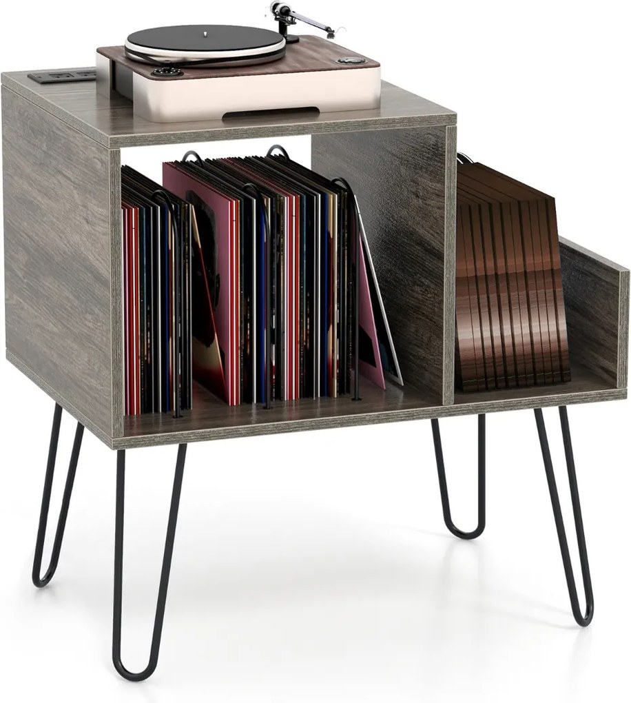Suporte para gira-discos e discos Vinil com mesa lateral de encaixe com divisória para até 145 álbuns com pernas metálicas Cinzento