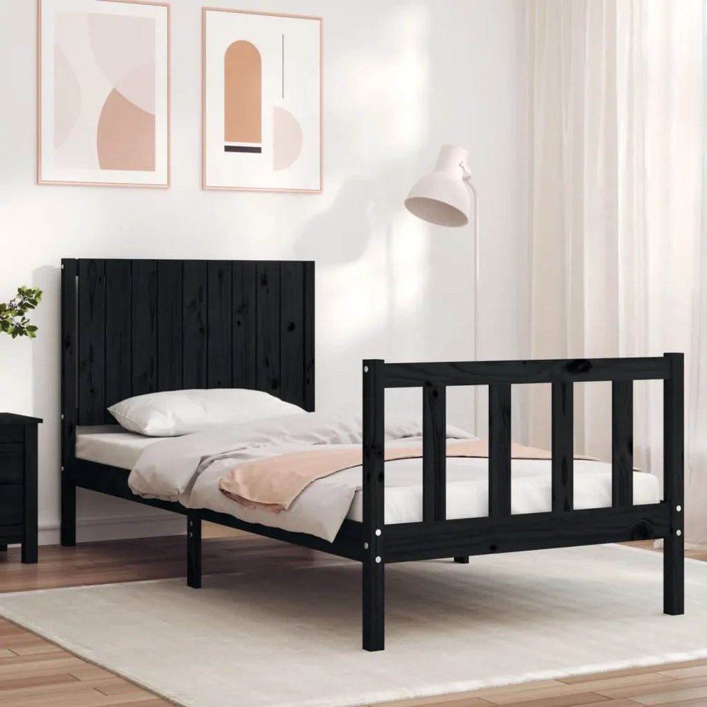 Estrutura de cama com cabeceira 90x200 cm madeira maciça preto