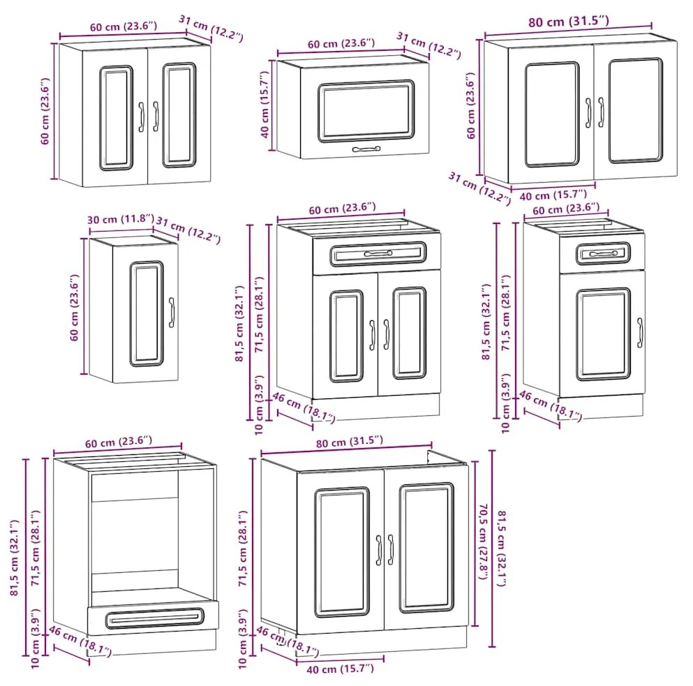 8 peças armário de cozinha conjunto Kalmar carvalho fumado