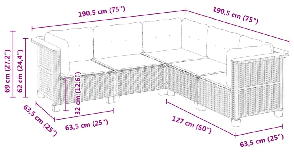 5 pcs conjunto de sofás p/ jardim com almofadões vime PE bege