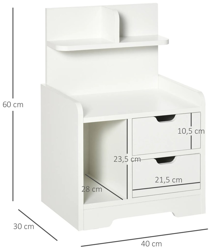 Mesa de Cabeceira Moderna com 2 Gavetas e 3 Compartimentos para Sala de Estar Quarto Carga 30 kg 40x30x60 cm Branco