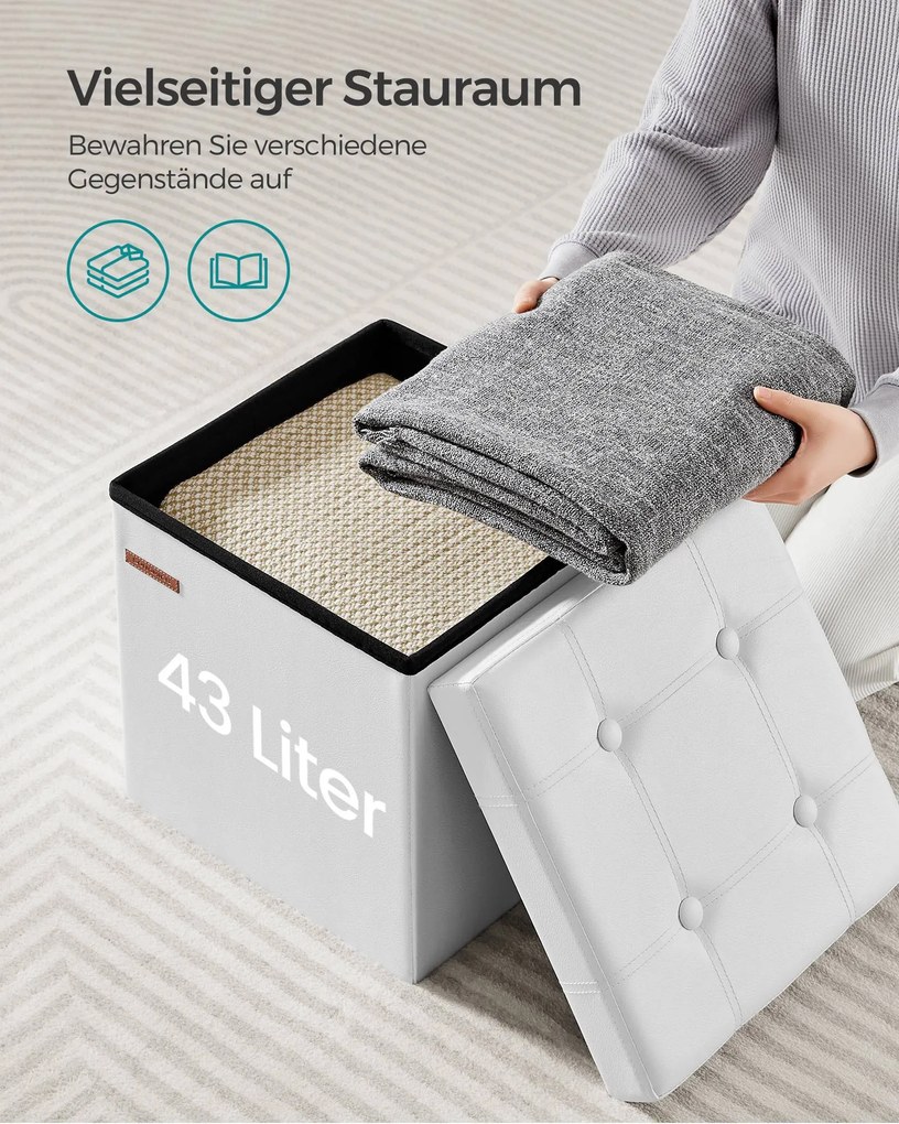 Banco quadrado arrumação 38 x 38 x 38 cm, em couro sintético, 38 cm, dobrável branco