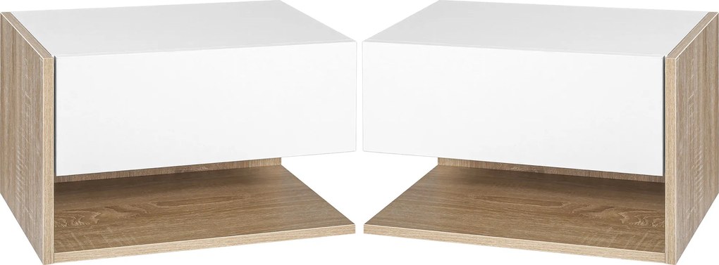 Conjunto de 2 mesas de cabeceira de parede - gaveta deslizante, prateleira, bicolor com acabamento em carvalho branco