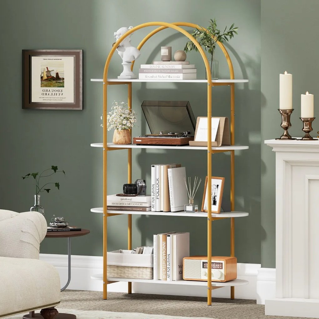 Estante em arco 95 x 34 x 156 cm, estante moderna de 4 níveis, estrutura metálica, organizador, arrumação para casa e escritório, dourado e branco