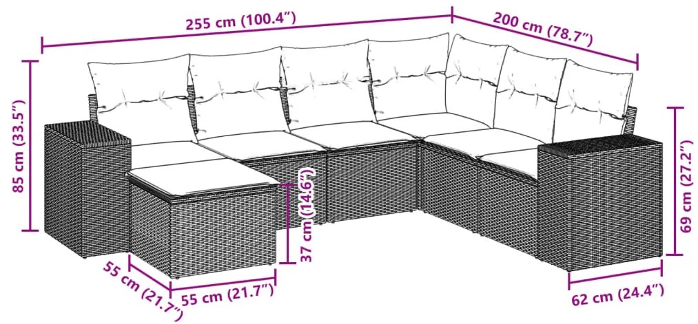 7 pcs conjunto sofás p/ jardim c/ almofadões vime PE cinzento