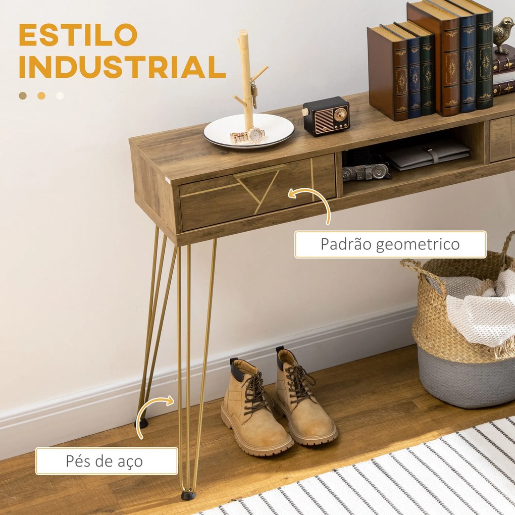 HOMCOM Consola Móvel de Entrada com 2 Gavetas Prateleira Aberta e Pés de Aço para Sala de Estar Corredor Estilo Moderno 120x29x79cm Madeira e Bronze