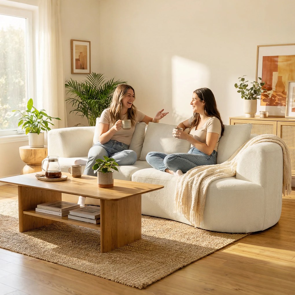 Sofá de 3 Lugares, 260 x 106 x 82 cm, Assento Largo, Creme