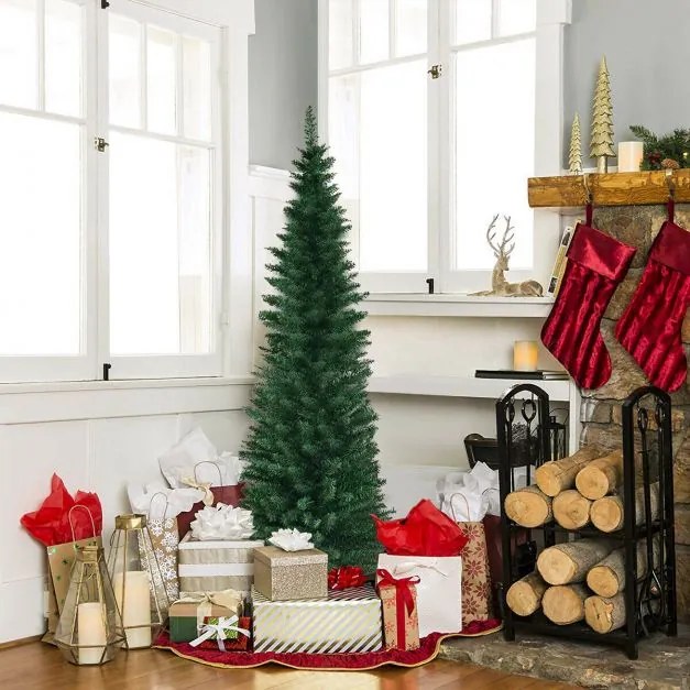 Árvore de Natal fina de 2,1 m com pontas de galhos para decoração de interiores