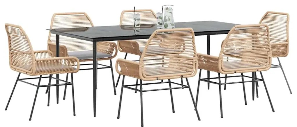 Conjunto jantar jardim 7 peças almofadas vidro vime PE castanho
