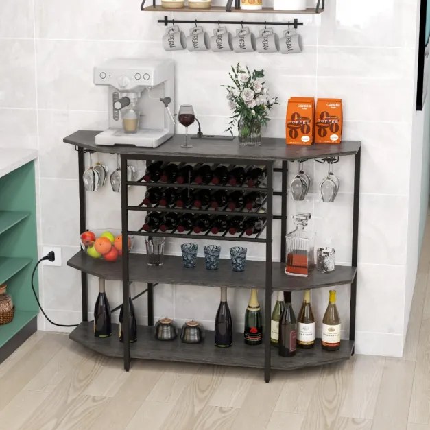 Garrafeira Armário para vinhos Estante de 3 níveis para vinhos com suportes para copos Tomadas eléctricas Estante para vinhos de bar 120 x 40 x 92 cm