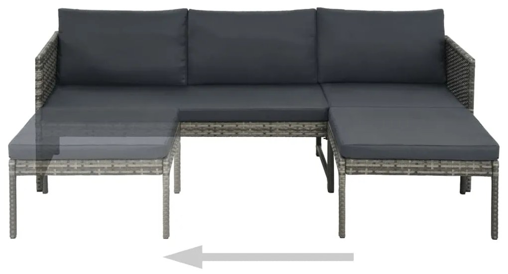 3 pcs conjunto lounge de jardim c/ almofadões vime PE cinzento
