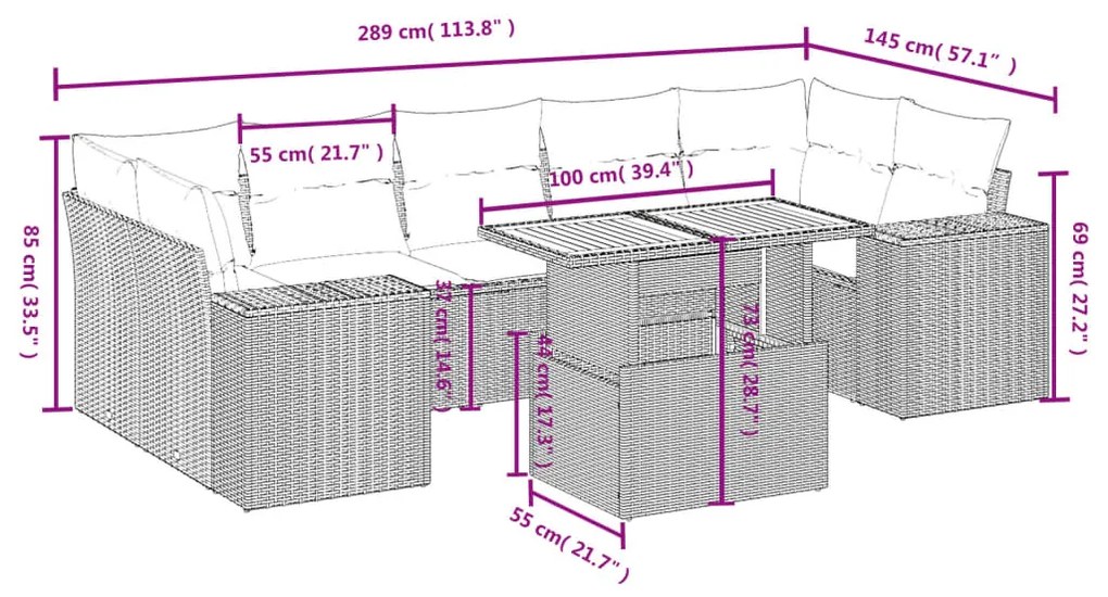 8 pcs conjunto sofás de jardim c/ almofadões vime PE cinzento