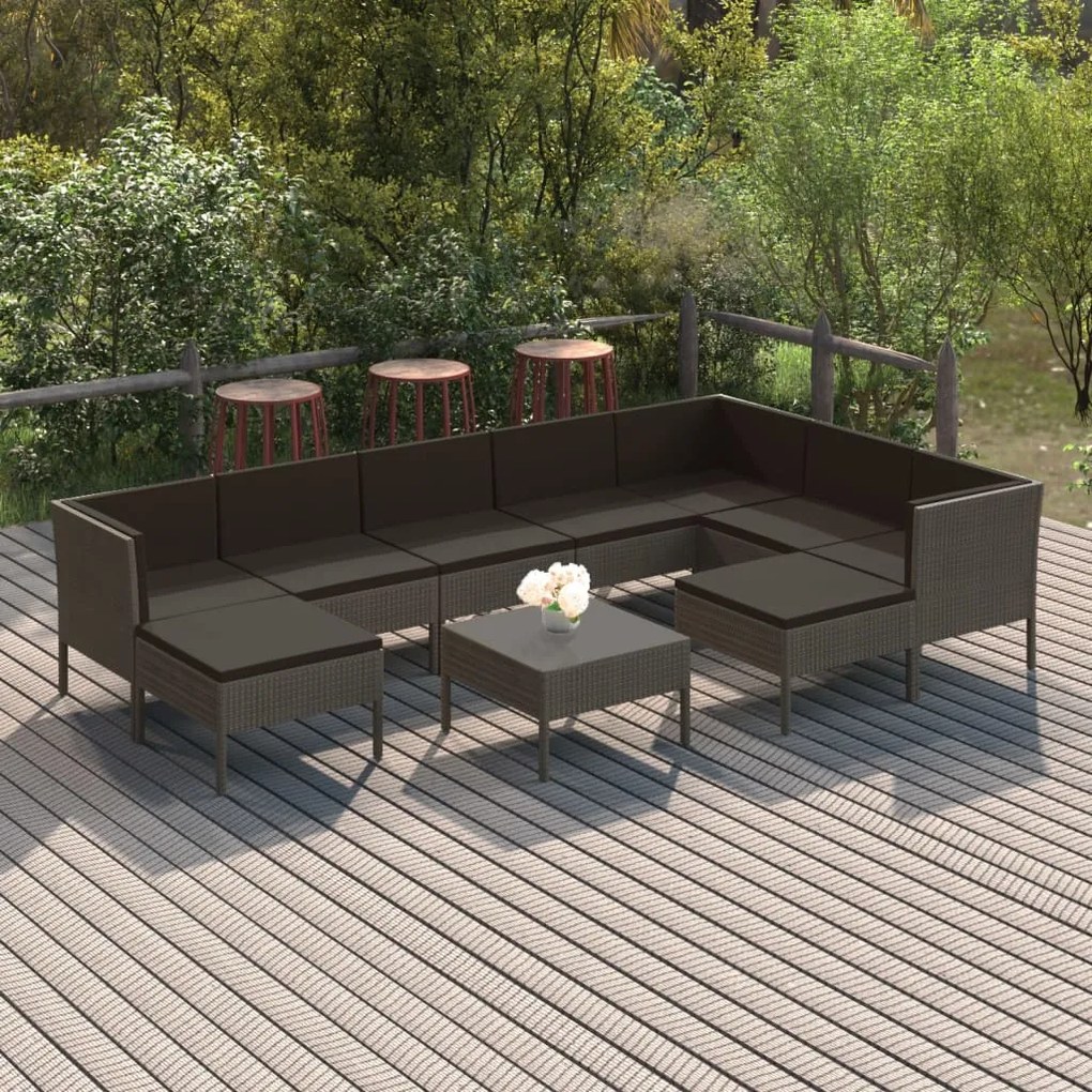 10 pcs conjunto lounge de jardim c/ almofadões vime PE cinzento