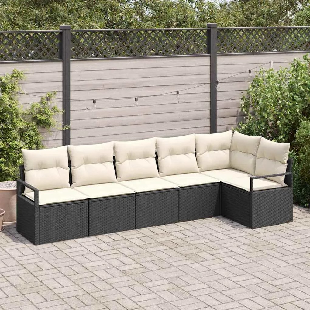 vidaXL Conjunto de Sofá de Jardim com 6 Peças e Almofadas de Rattan Preto.
