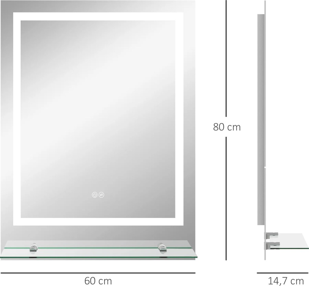 Espelho retangular 80 x 60 cm de parede com iluminação LED para casa de banho