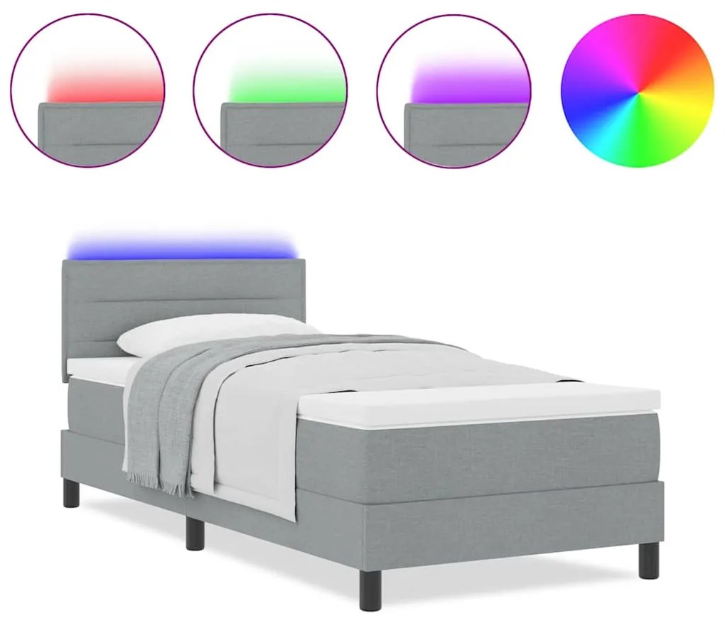 Cama Box com Colchão e Luz LED Cinza Claro 90x200 cm Tecido