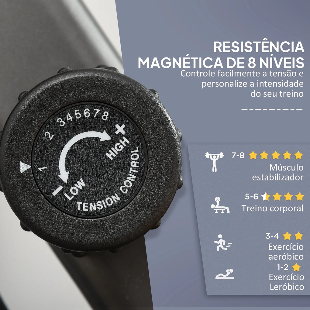 Bicicleta Estática com Encosto 8 Níveis de Resistência Bicicleta Banco Ajustável e Ecrã LCD 121-142x62x101 cm Preto