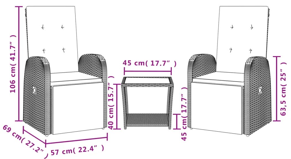 3 pcs conjunto de jantar p/ jardim c/ almofadões vime PE cinza
