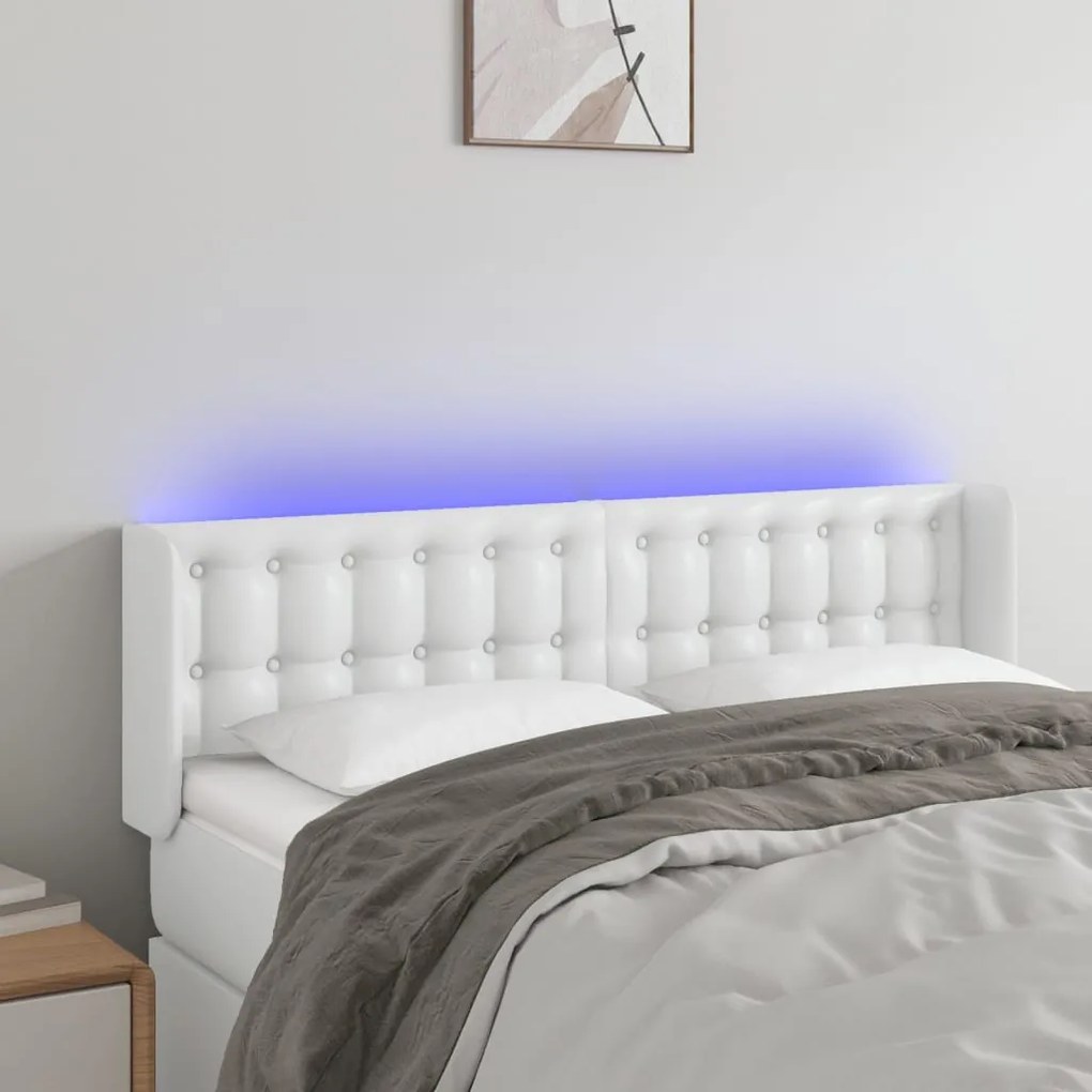 Cabeceira de cama c/ LED couro artificial 147x16x78/88cm branco