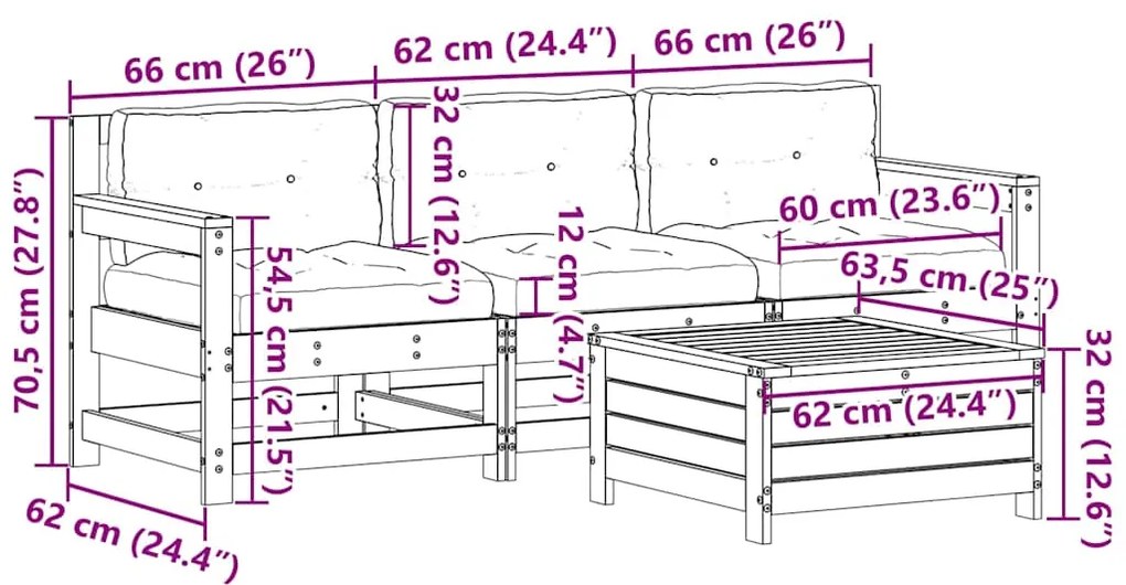 4 pcs conj. lounge de jardim c/ almofadões pinho maciço branco