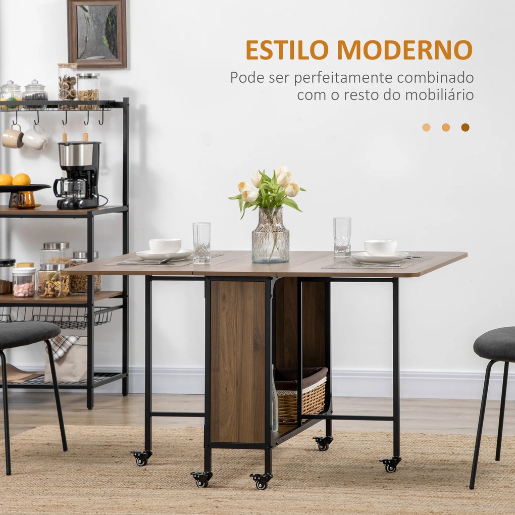 Mesa de Cozinha Dobrável Mesa de Refeição Dobrável com Rodas Laterais Abatíveis e Prateleira Mesa Dobrável para Sala de Jantar 130x80x74 cm Castanha