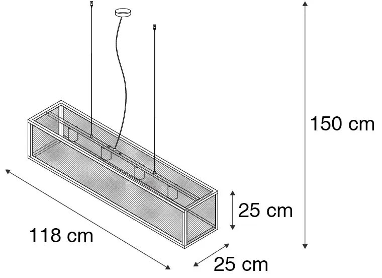 Candeeiro de suspensão industrial preto 118 cm com malha 4 luzes - Cage Industrial