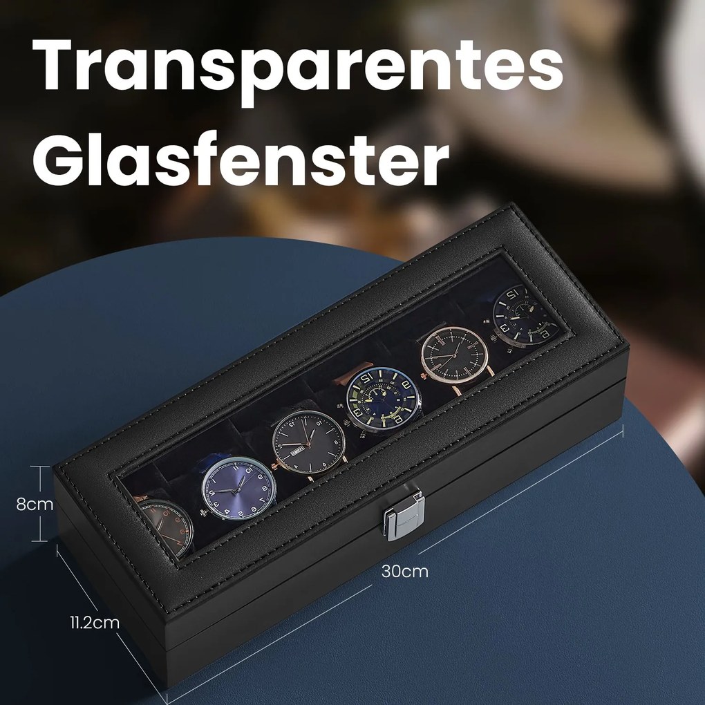 Caixa para relógios 20,2 x 25,5 x 7,8 cm com 6 compartimentos com tampa de vidro capa em preto + forro aveludado em cinzento