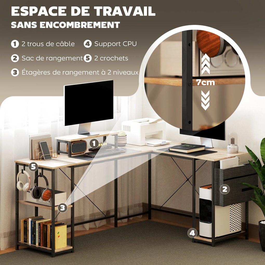 Secretária de canto modular e reversível, 168-240 cm, estilo industrial — prateleira ajustável, saco de arrumação, suporte para ecrã cor madeira natur