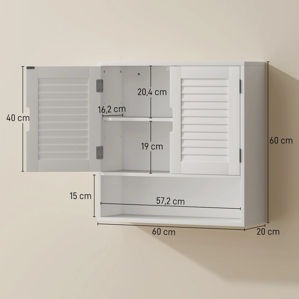 Armário de Parede de Casa de Banho com Porta de Ripas, 60 x 20 x 60 cm, Prateleira Ajustável, Branco