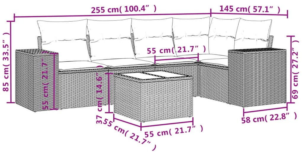 6 pcs conj. sofás jardim com almofadões vime PE cinzento-claro