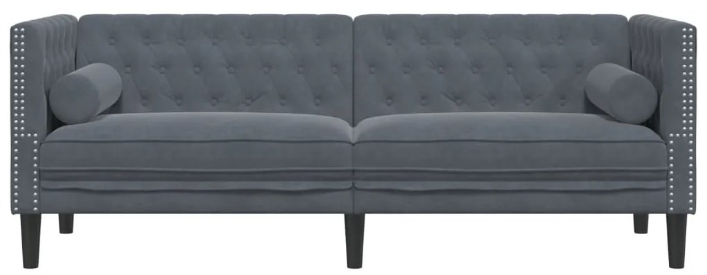 Sofá chesterfield com rolos 3 lugares veludo cinzento-escuro