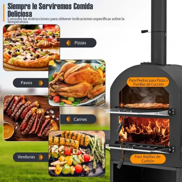 Forno para pizza para exterior com rodas Pedra para pizza Pá 2 grelhas Termómetro Prateleiras laterais para armazenamento Preto