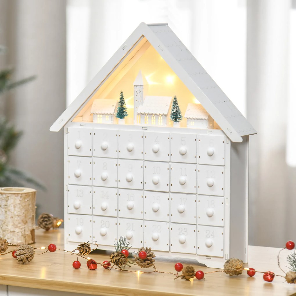 Calendário de Advento de Natal Madeira com 24 Gavetas e Luzes LED Decoração de Natal Modelo Casinha 39x9x42cm Branco