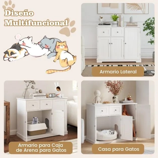 Móvel para caixas de areia para gatos Armário lateral para lavagem oculta de gatos com 2 gavetas 3 portas Dispositivos anti-queda Branco