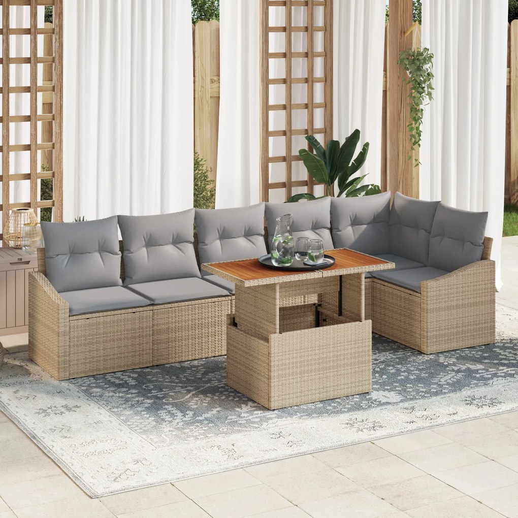 Conjunto de Sofá de Jardim 7 Peças com Almofadas Bege Vime Poliéster
