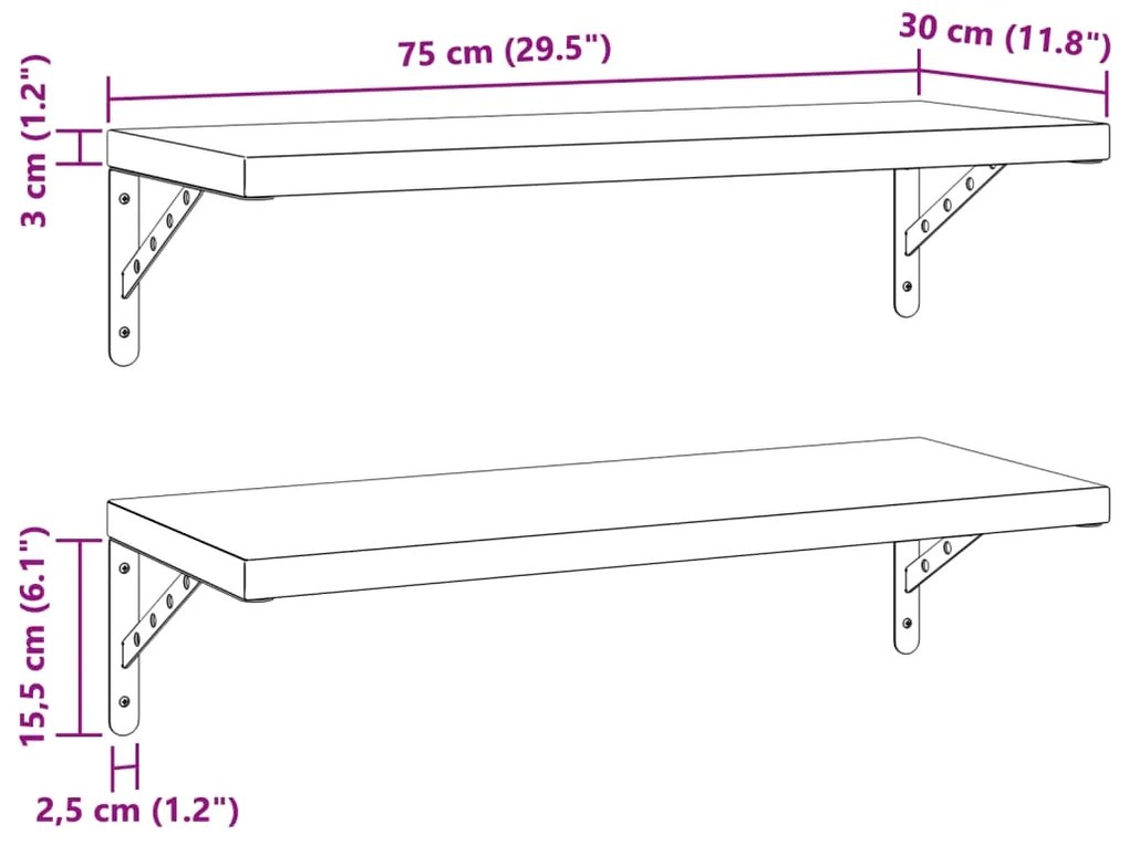 Prateleiras de parede 2 pcs 75x30 cm aço inoxidável prateado