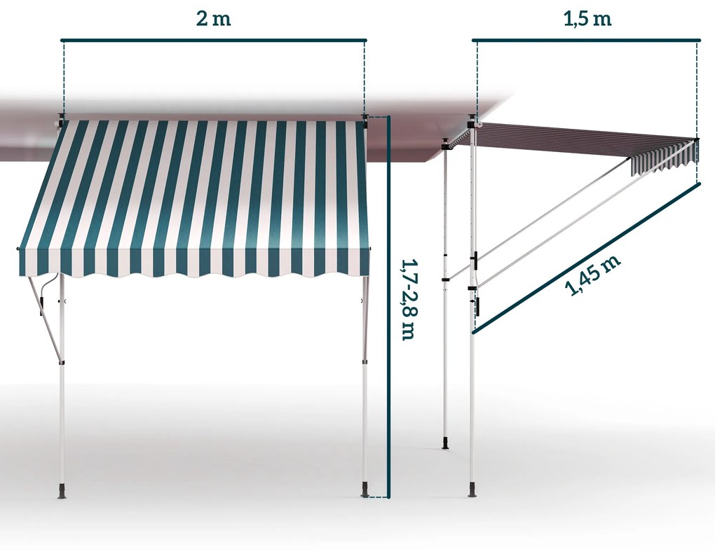 Toldo Manual Retrátil 200x150 cm com Manivela de Alumínio Ângulo Ajustável Proteção Solar para Varanda Verde e Branco