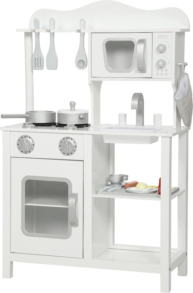 Cozinha de Brincar em Madeira com Som Acessórios Lava-Loiças Micro-Ondas e Fogão 55x24x86 cm Branco