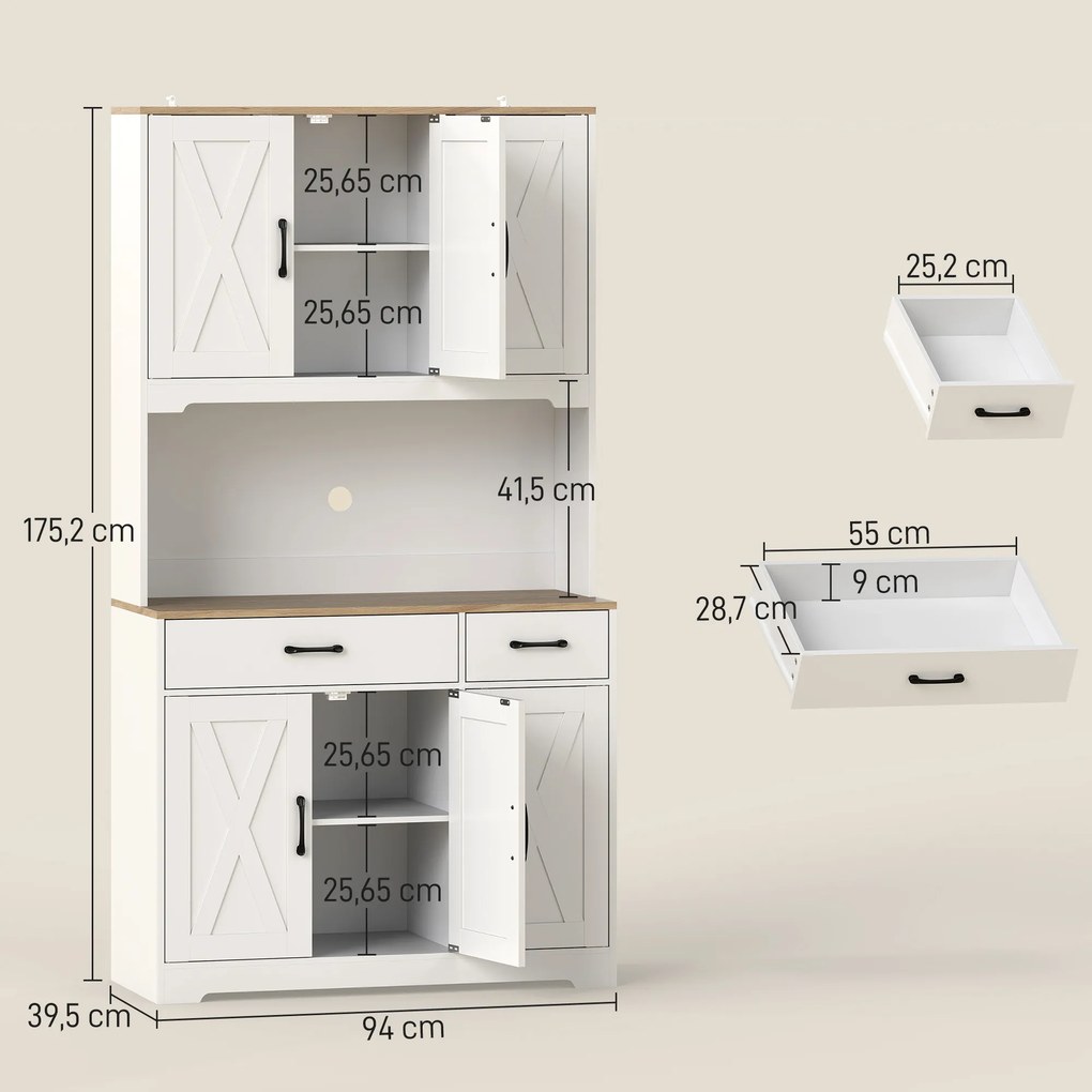 Aparador Alto de Cozinha, 94 x 39,5 x 175,2 cm, 6 Portas e 2 Gavetas, Branco