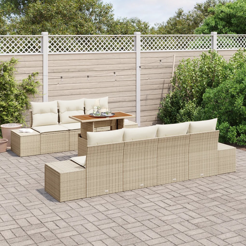 Conjunto de Sofá de Jardim de 8 Peças com Almofadas Bege Vime PE