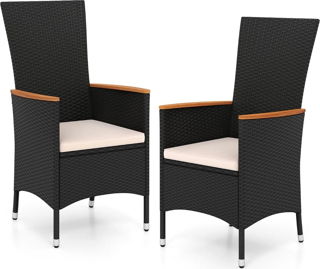 Conjunto de 2 cadeiras de jardim em rattan com encosto alto (MESA NÃO INCLUIDA), braços em madeira de acácia e almofada macia para terraço, alpendre o