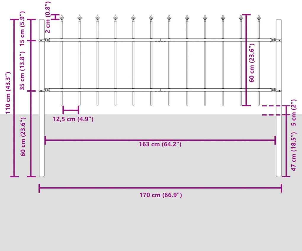 Cerca de Jardim com Topo de Lança Branca 11,9x0,6 m em Aço
