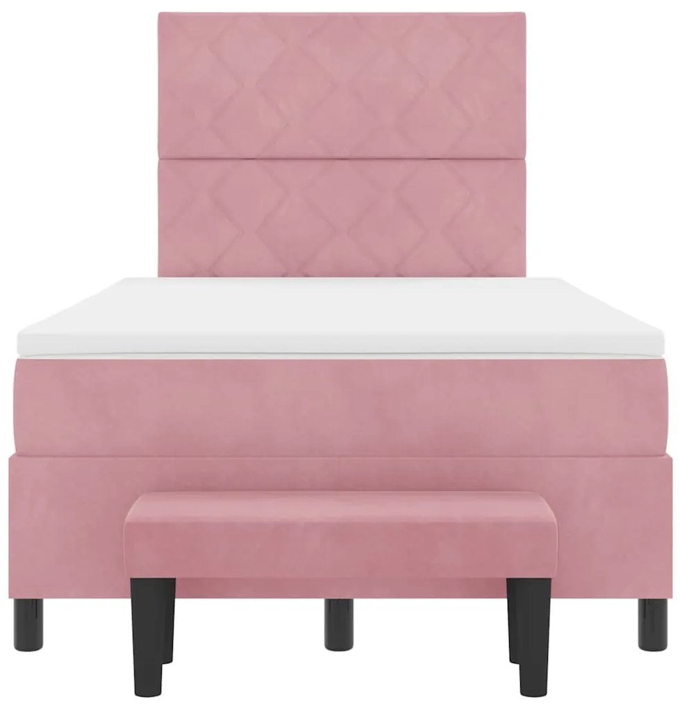 Cama Box Spring com Colchão e Banco em Veludo Rosa 120x190 cm