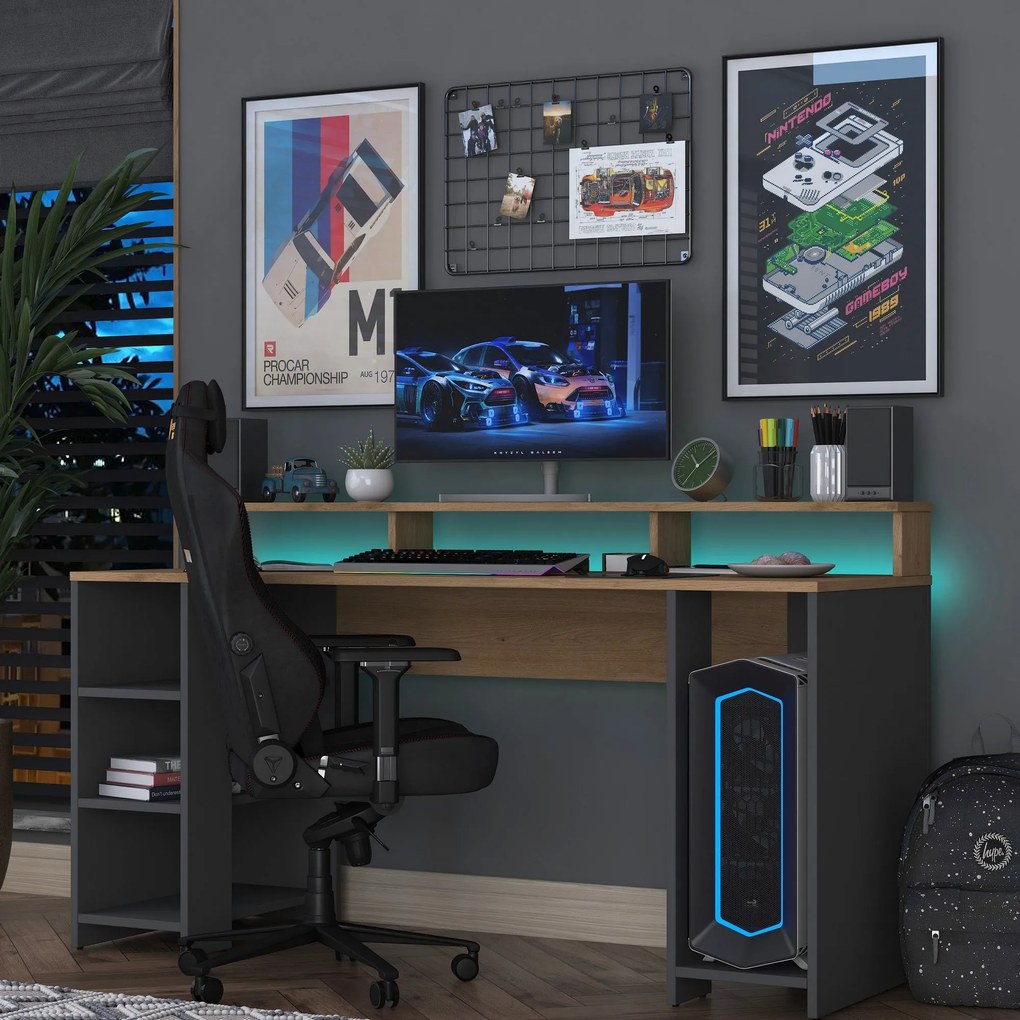 Secretária de Estudo HA122 – Nogueira e Antracite – 160x89,5x55 cm