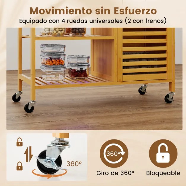 Carrito con Ruedas Carro Aparador de Bambú con Superficie Amplia Cajón 3 Estantes para Cocina y Salón 91 x 44 x 89 cm Natural